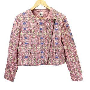 Anne Klein Linen cotton Blazer Jacket Ikat Tweed Moto Pink Asymmetrical Zip Sz 4